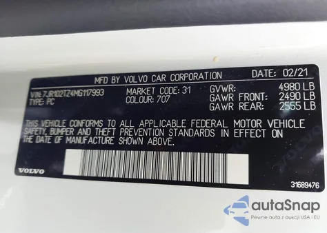 2021 Volvo S60 T5 Momentum z USA, uszkodzony, nr VIN 7JR102TZ4MG117993